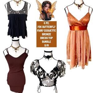 Y2K BUTTERFLY FAIRY BRONZE LACE RHINESTONE GLAM DRESS TOP 4 PC. BUNDLE S/M